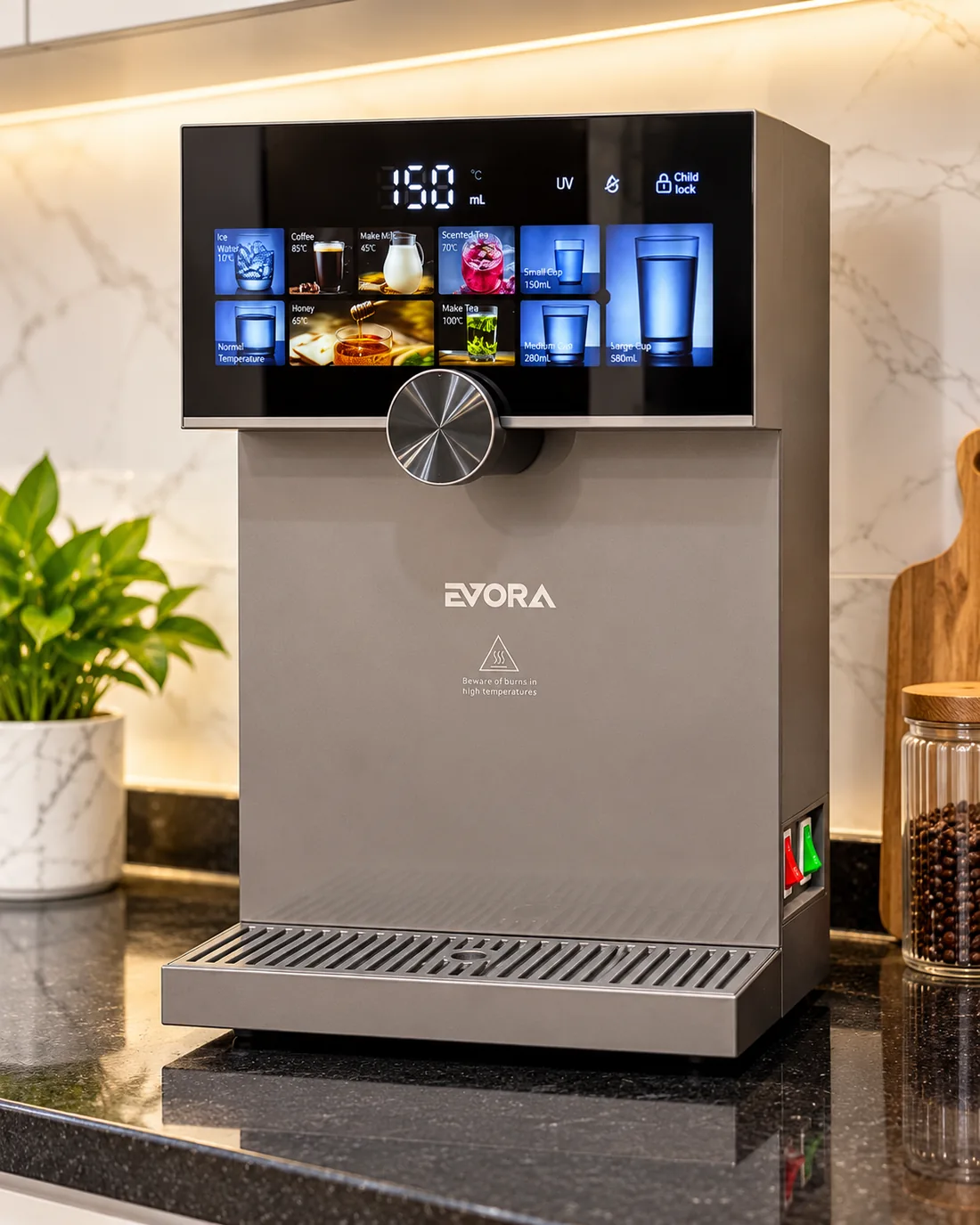 Evora Complete countertop dispenser in a styled kitchen